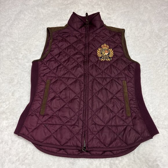 Polo Ralph Lauren Vest Red Sleeveless Quilted Suede Trim Full Zip Women’s Small - Picture 1 of 11